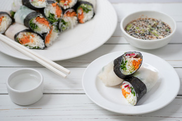 Vietnamese vegan rice paper and nori sheet spring rolls on white plate