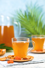 Homemade vitamin compote from dried fruits on concerete background