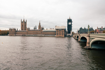 Fototapeta na wymiar London, UK - November 09, 2020: view on The Palace of Westminster exterior at cloudy weather