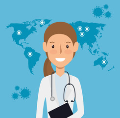 doctor female with world map and particles covid 19 vector illustration design