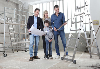 Fototapeta premium Architect showing house design plans to a family with child. Meeting at interior construction site to talk about house appearance, interior decoration, home layout and floor tiles