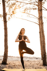 Yoga on nature. Attractive girl practices yoga on the nature at  sunset