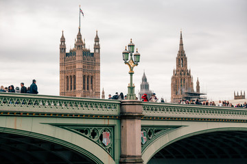 Fototapeta na wymiar London, UK - November 09, 2020: view on The Palace of Westminster exterior at cloudy weather