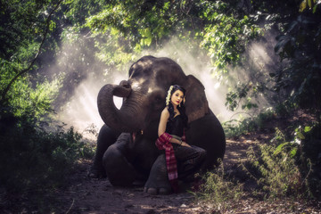 Fototapeta premium Beautiful woman wear traditional Thai dress with elephant.