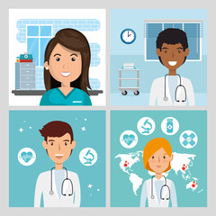 set scenes of doctors and paramedic female vector illustration design