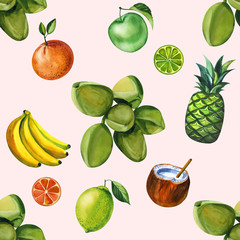 Watercolor seamless floral pattern with fruts hand drawing decorative background. Hand drawn watercolor illustration. Print for textile, cloth, wallpaper, scrapbooking