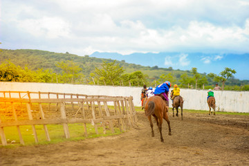 Sumbawa Indonesia, June 03 2020 : Horse racing, compete quickly to reach the finish line


