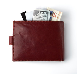 European Union paper money Euro and US dollars in a brown leather wallet