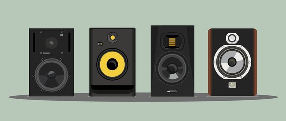 Realistic vector of the legendary studio monitors. Image for t-shirt. Acoustic systems. Detailed study. For a music studio. Sound pressure. Speakers. For professional riders. Musical equipment.