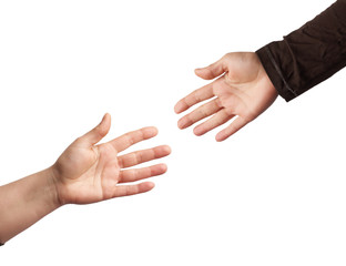 two hands reaching out to each other isolated on a white background