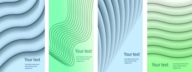 Set of abstract covers of blue and green colors. Backgrounds with abstract volumetric gradient of linear waves to create a fashionable banner, poster.