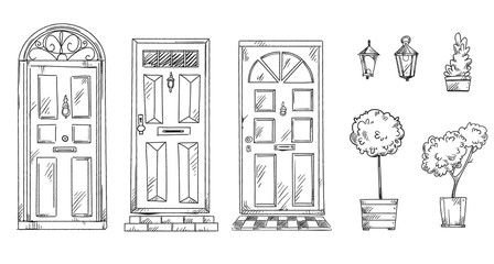 collection of British traditional doors with flower pots and lanterns, vector sketch