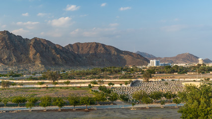 Spectacular View of Fujairah Fort in United Arab Emirates landscape and mountains