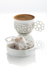 Turkish coffee, Turkish delight on white background