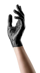 Elegant female hand in black latex glove on a white background. Female hand in liquid black oil or black acrylic paint