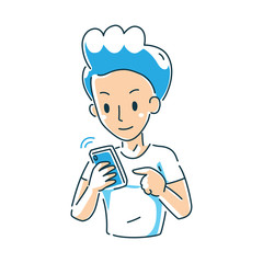 Vector cartoon character man using smartphone for design.