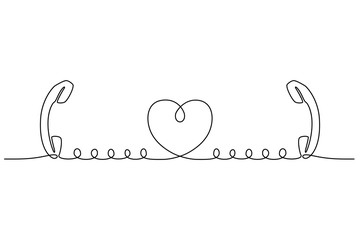 Continuous line drawing. Telephone relationships. Two phone handsets are connected to heart. Black isolated on white background. Hand drawn vector illustration. 