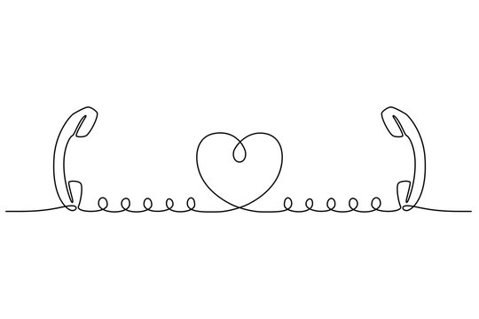 Continuous line drawing. Telephone relationships. Two phone handsets are connected to heart. Black isolated on white background. Hand drawn vector illustration. 