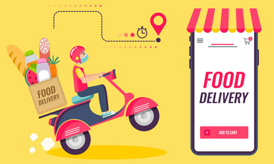 Online delivery service , online order tracking, delivery home and office. Scooter delivery. Shipping. Man on the bike with mask. Vector illustration
