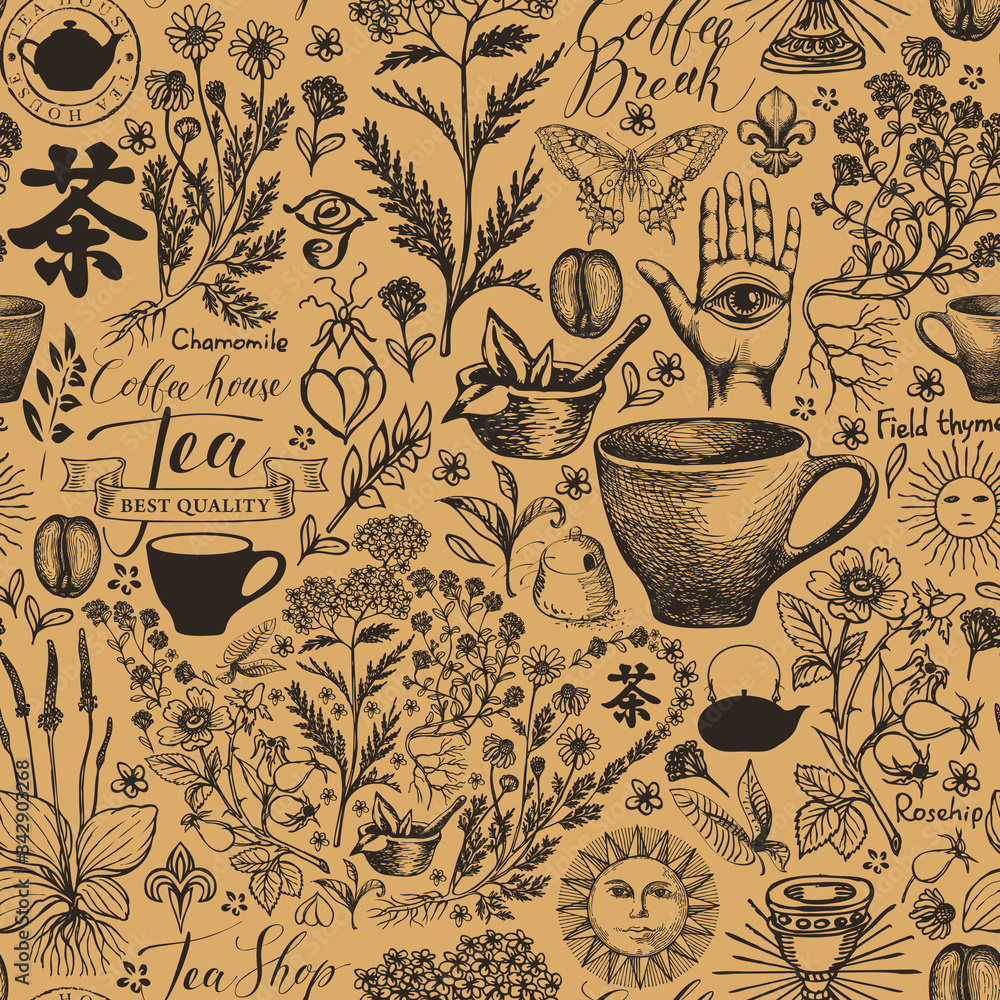 Poster vector seamless pattern on the theme of tea with sketches in retro style. decorative background with