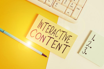 Writing note showing Interactive Content. Business concept for It requires the participants active engagement Paper with copy space and keyboard above orange background table