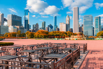 Grant Park  with brick  courtyard in autumn with the Chicago skyline, Ill