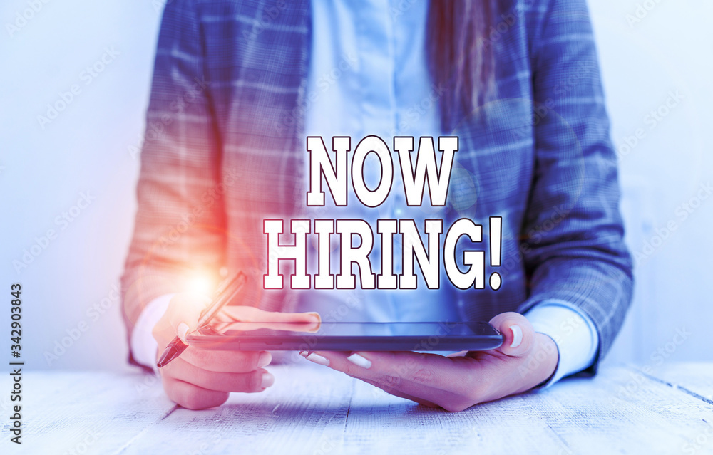 Poster conceptual hand writing showing now hiring. concept meaning finding evaluating working relationship 