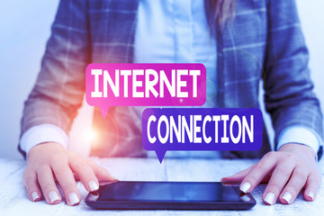 Word writing text Internet Connection. Business photo showcasing The way one gains access or...