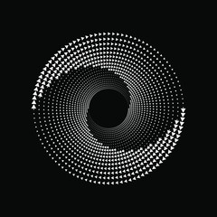 Abstract white tiny triangles in circle form. Geometric art. Halftone dots. Trendy design element for logo, tattoo, sign, symbol, web pages, prints, posters, template, pattern and abstract background
