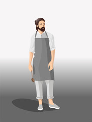 A handsome man with a beard. in an apron, with a ladle in his hand. Cook is cooking