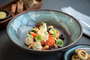 Mozzarella cheese salad with tomatoes, vegetables