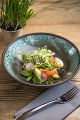 Salmon salad with fresh vegetables, cucumber