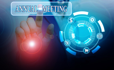 Conceptual hand writing showing Annual Meeting. Concept meaning a meeting of the general membership...
