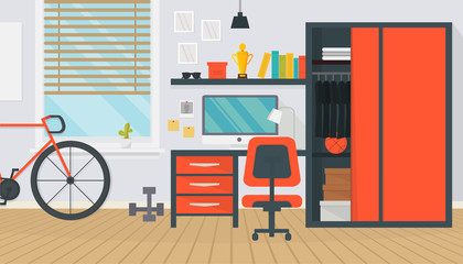 Modern teenager room interior furniture. Comfortable workspace. Table, chair, cupboard, computer, bicycle, lamp, books and window. Home design. Stylish apartment. Flat vector illustration.