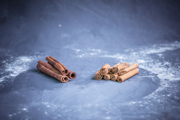 Chinese cassia originated from China and ceylon cinnamon verum from Sri Lanka bark sticks on a gray-blue background sprinkled with flour the difference between real and fake