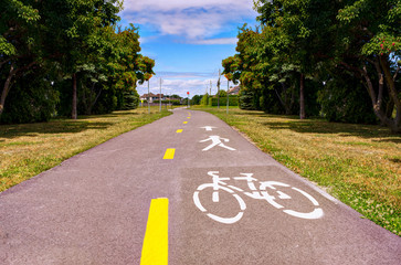 Bike lane. Road sign Bicycle on road. Bike path. Print on surface bitumen.