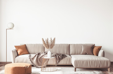 Interior design of modern Scandinavian apartment, living room in neutral colors, 3D rendering