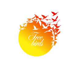 The sun with flock of birds. Round frame with birds. Vector illustration