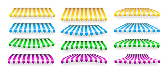 Realistic striped shop sunshade. Store awning. Shop tent isolated set. Vector illustration