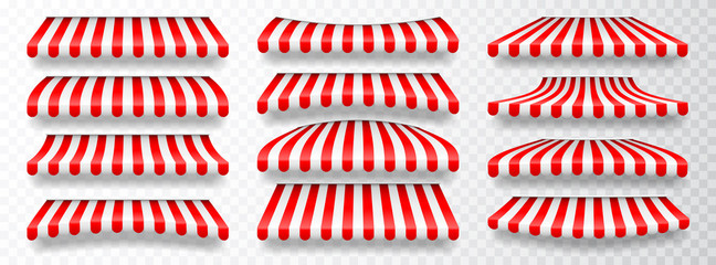 Fototapeta premium Realistic striped shop sunshade. Store awning. Shop tent isolated set. Vector illustration