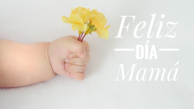 Feliz día de las madres. Texto con mensaje de feliz día mama y mano de bebe con flores amarillas 