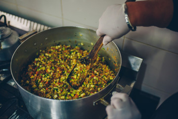 Fresh pasta, fruits and vegetables on wooden table