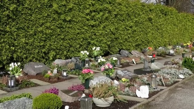 Friedhof mit Urnengr&auml;bern, freundlich und bunt, in Essen-Haarzopf, Februar 2020