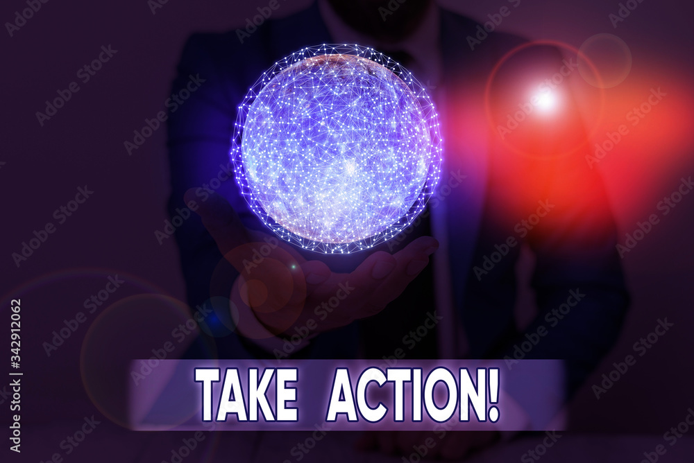 Aufkleber writing note showing take action. business concept for do something official or concerted to achieve