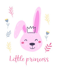 Illustration of a bunny with the inscription little princess. Tender and cute vector illustration for a poster or print.