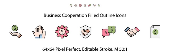 Business Cooperation Filled Outline Icons. Colorful Linear Set Vector Line Icon. Synergy, Partnership, Interaction and more. 64x64 Pixel Perfect. Editable Stroke