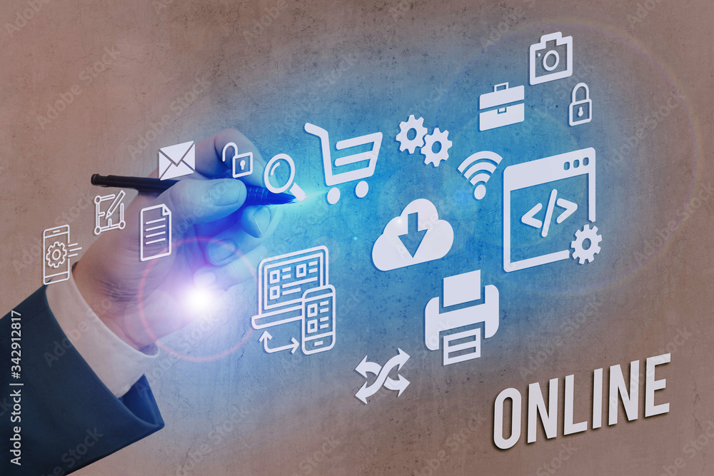 Poster conceptual hand writing showing online. concept meaning the computer or device connected to a networ