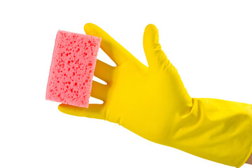 House cleaning concept. A hand in a protective glove holds a washing sponge isolated on a white background.