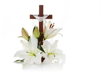 Cross with lilies isolated on white background for decorative design. Spring background. Easter...