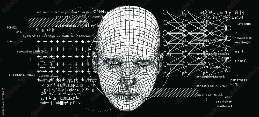 Poster abstract composition of human face wireframe and glitched elements. the subject of mind, reason, tho